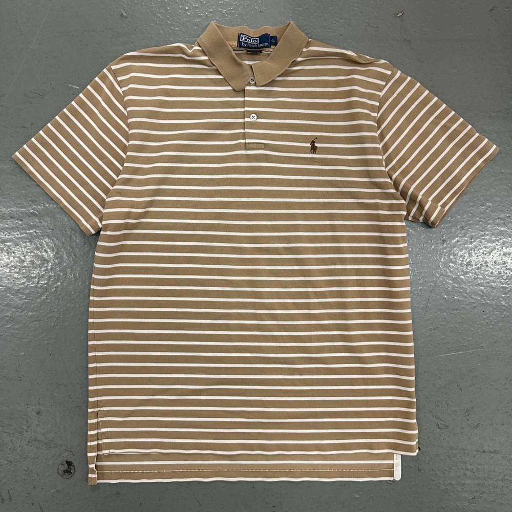 Polo Ralph Lauren Mens Polo Shirt Large Brown Preowned Striped Short Sleeve